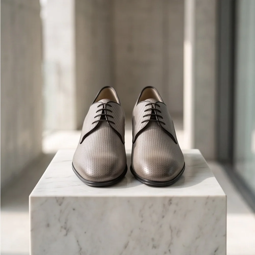 Doucal's Men’s Taupe Perforated Soft Leather Comfort Derby Shoes with Black Trim